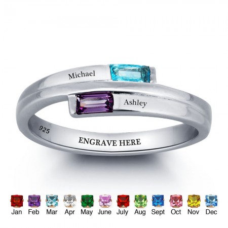 Personalized 925 Sterling Silver Mothers Rings with 2 Simulated Birthstones Custom Engraved Promise Rings for Women