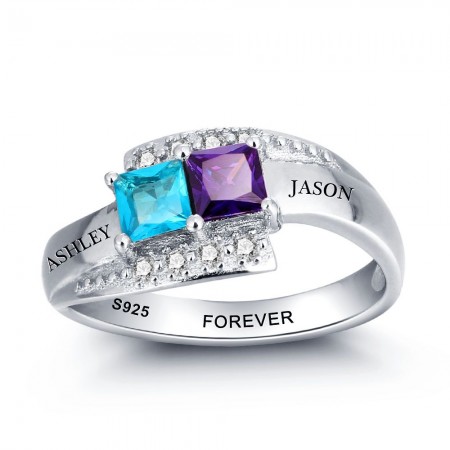 Personalized 925 Sterling Silver Mothers Rings with 2 Simulated Birthstones Custom Engraved Promise Rings for Women