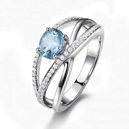 Natural Blue Topaz Hollow Design Sterling Silver Engagement/Wedding Ring For Her