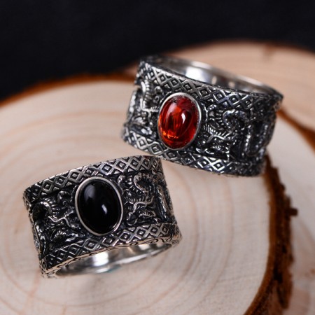 Dragon Pattern Garnet And Black Agate s925 Sterling Silver Man’s Ring