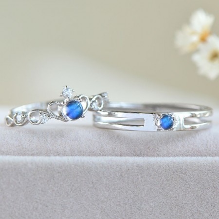 Natural Moonstone s925 Sterling Silver Lovers Adjustable Couple Rings