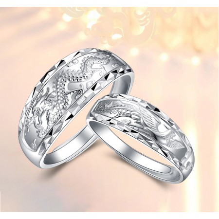 Dragon And Phoenix Sterling Silver Lovers Adjustable Couple Rings