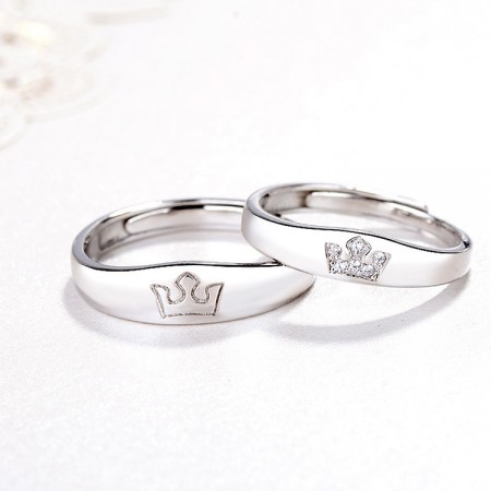 Princess And Prince Crown Design s925 Sterling Silver Lovers Adjustable Couple Rings