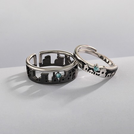 Unique Design Black 925 Sterling Silver Adjustable Size Promise Ring for Couples (Price for a Pair)