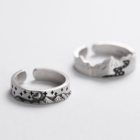 Mountain & River/Moon & Star S925 Sterling Silver Opening Lovers Rings
