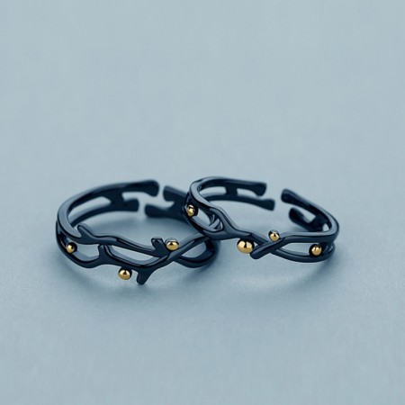 Designed Black Branch 925 Silver Adjustable Lovers Rings