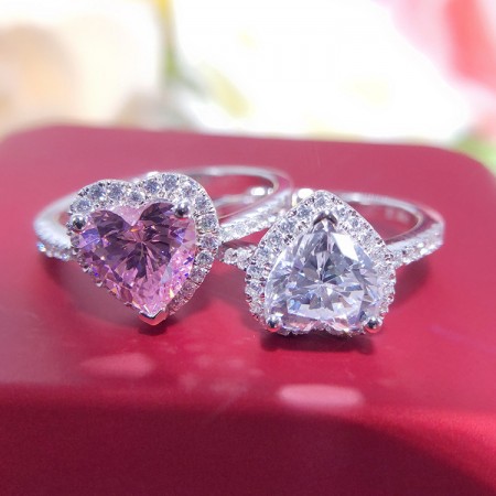  925 Silver Women Engagement Ring Pink Heart Wedding