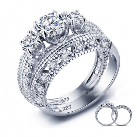 Fashion Round Cut Cubic Zircon Hollow 925 Sterling Silver Engagement Ring Set