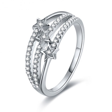 Silver Ring three rows of micro-diamond ring diamond star Pentagram