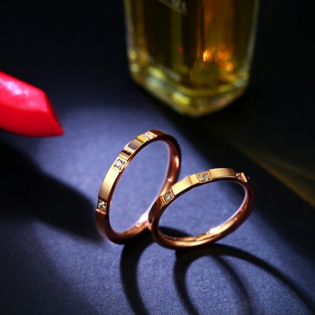 Titanium Steel Three Diamond Rose Gold Couple Ring   