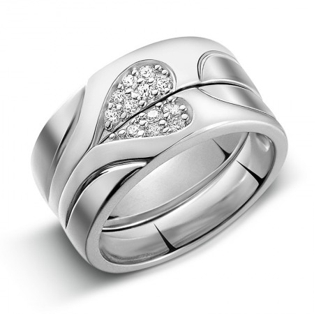 925 Silver Heart-Shaped Diamond Creative Design Engraved Couple Rings
