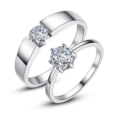 Korean 925 Sterling Silver Classic Six-Claw Simulation Diamond Couple Rings