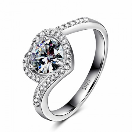 Romantic Heart-Shaped 925 Sterling Silver Set With Round Cz Engagement Ring