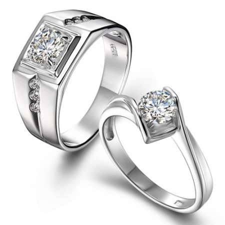 Elegant Luxury 925 Sterling Silver Plated 18K White Gold Couple Rings