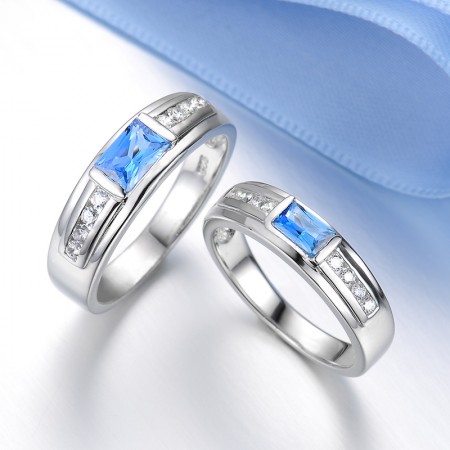 S925 Sterling Silver Inlaid Shine Blue Cz Couple Rings 
