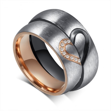 New Korean Heart-Shaped Titanium Steel Inlaid Cubic Zirconia Couple Rings 