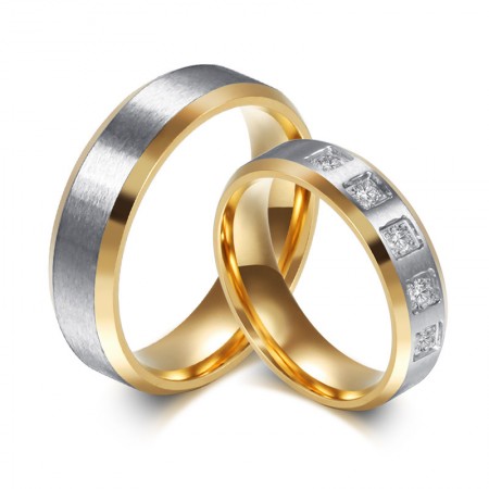 New Simple Titanium Steel Inlaid Cubic Zirconia Couple Rings 