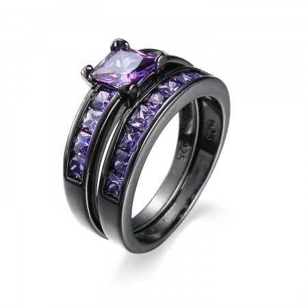 Upscale Black Gold Inlaid Romantic Purple Cubic Zirconia Engagement Ring Sets