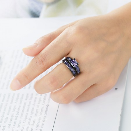 Sunbu 2 PCS Black Gold Plated Princess Purple Amethyst Cut Cubic Zirconia Wedding Bridal Ring Set 