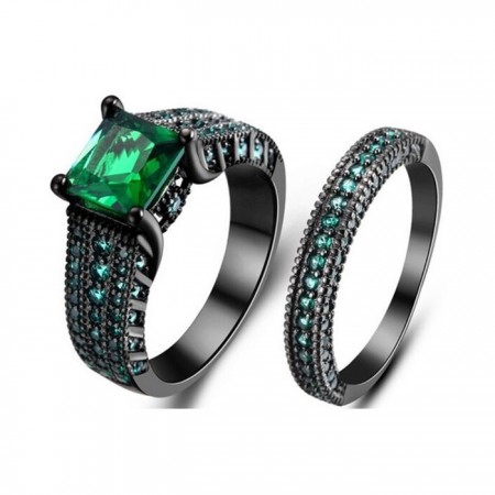 Europe Luxury Black Gold Inlaid Green Square CZ Engagement Ring Sets