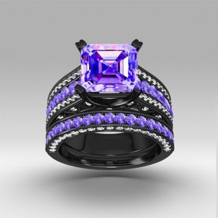Luxury Exaggerated Black Gold Inlaid Charming Purple CZ Engagement Ring Sets
