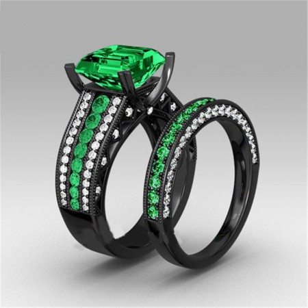 Europe Fine Jewelry Black Gold Inlaid Green Cubic Zirconia Engagement Ring Set