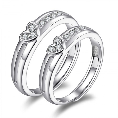 Fine Polished Heart-Shaped 925 Sterling Silver Inlaid Cubic Zirconia Couple Rings