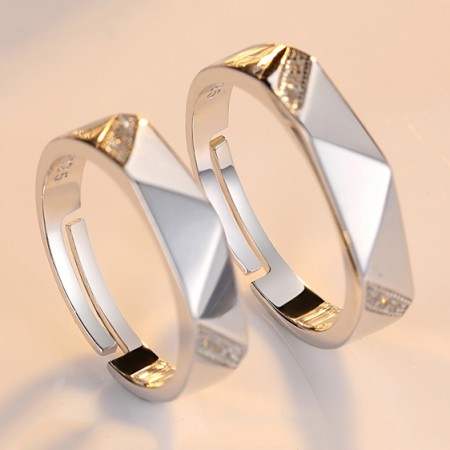 Creative Rhombic Inlaid Cubic Zirconia 925 Silver With Platinum Opening Couple Rings