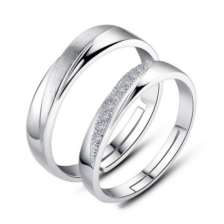 S925 Silver Matte Inlaid Cubic Zirconia Adjustable Couple Rings