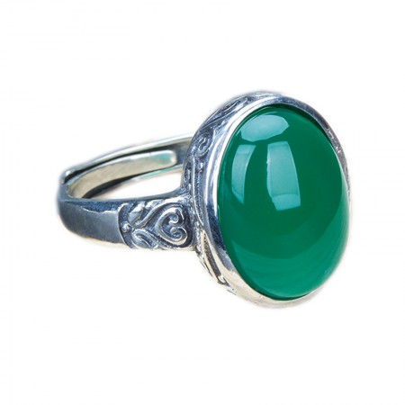 New High-Grade 925 Sterling Silver Wave Edge Inlaid Natural Green Chalcedony Ring