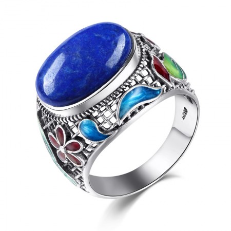 New Retro Pattern Sterling Silver Inlaid Natural Lapis Lazuli Ring