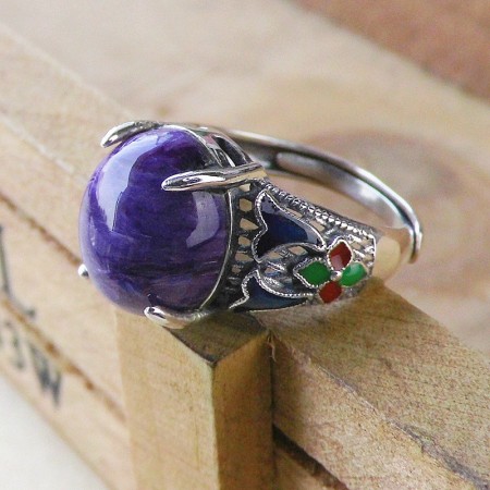 Retro Cloisonne 925 Sterling Silver Inlaid Natural Charoite Gemstone Opening Ring 
