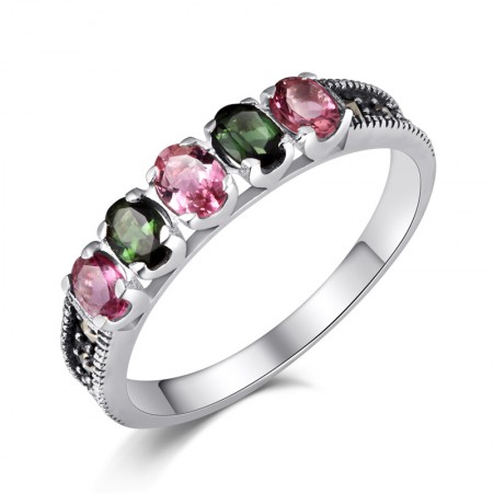 Beautiful Ethnic Style 925 Sterling Silver Inlaid Natural Tourmaline Ring