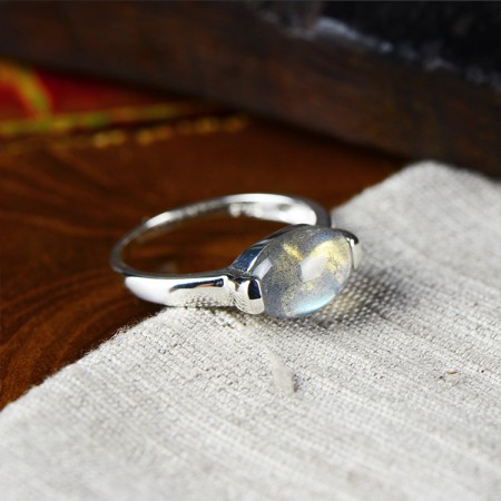 925 Sterling Silver Inlaid Natural Moonstone Simple Ring