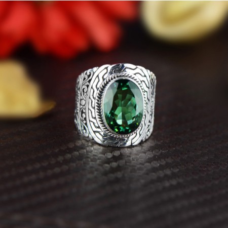 Stylish Atmosphere Hollow Carved S925 Silver Inlaid Stone Wide Ring