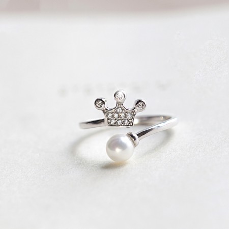 Fashion Style S925 Silver Inlaid Gemstone And Pearl Opening Crown Ring 