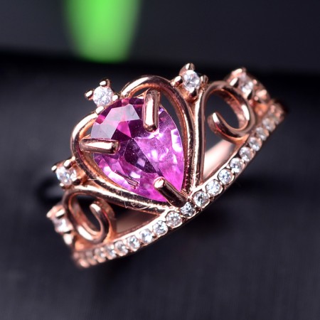 925 Silver Plating Rose Gold Inlaid Heart-Shaped Gemstone Cute Crown Ring