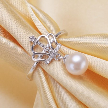 Creative Design S925 Silver Crown Drops Freely Adjust Freshwater Pearl Ring