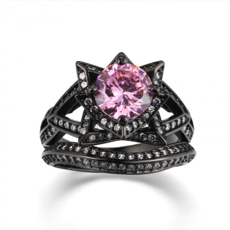 Europe Luxury Hot Sale Black Gold Inlaid High-End Pink CZ Flower-Shaped Engagement Ring
