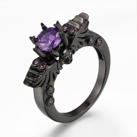 Retro Domineering Black Gold Inlaid Upscale Purple Cubic Zirconia Skull Ring