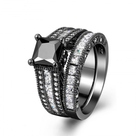 Dazzling Copper Plating Black Gold Inlaid High-Grade Square Cubic Zirconia Ring Sets