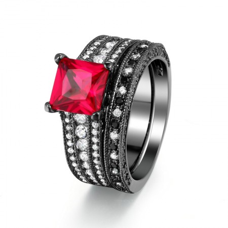 Europe Style Luxury Copper Plated Black Gold Inlaid Charming Red Cubic Zirconia Ring Sets