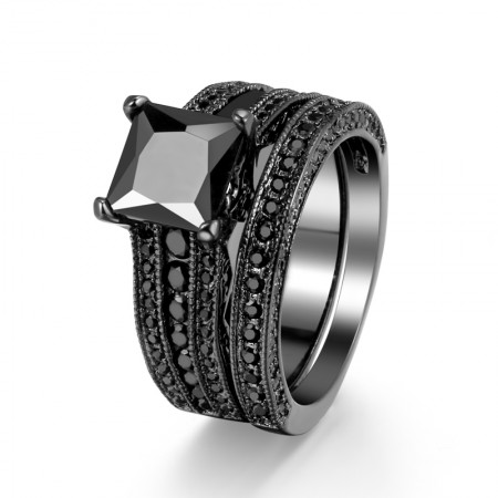 Superb Technology Luxury Charm Copper Plated Black Gold Inlay CZ Ring Set