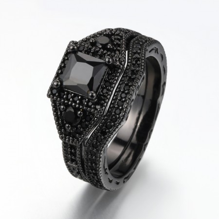 Black Gold Plated Copper Inlaid Black Cubic Zirconia Europe Luxury Engagement Ring Set