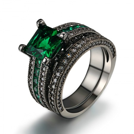 Europe Luxury Copper Plating Black Gold Inlaid Green Square Cubic Zirconia Ring Set