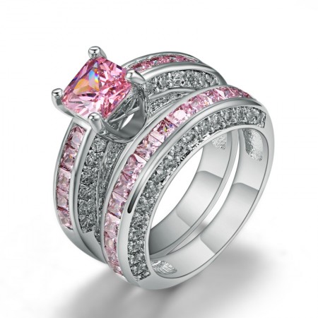 Amazing Popular Luxury Copper Plated White Gold Inlaid Pink CZ Engagement Ring Set