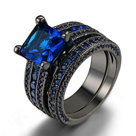 Quality Environmental Copper Plated Black Gold Inlaid Blue CZ Engagement Ring Set