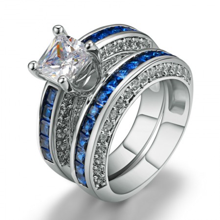 Flashing High-End Environmental Copper Plated White Gold Inlaid Blue CZ Ring Set