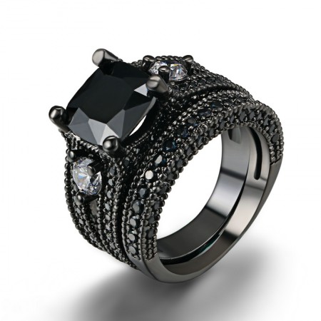 Domineering Personality Charming Copper Plated Black Gold Inlaid CZ Ring Set Of Woman