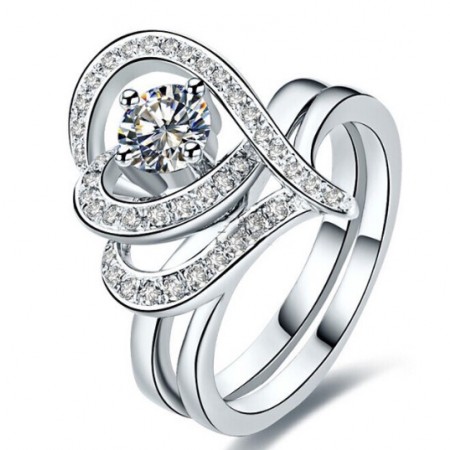 Dazzling Exaggerated Heart-Shaped Sterling Silver Inlaid CZ Engagement Ring Set